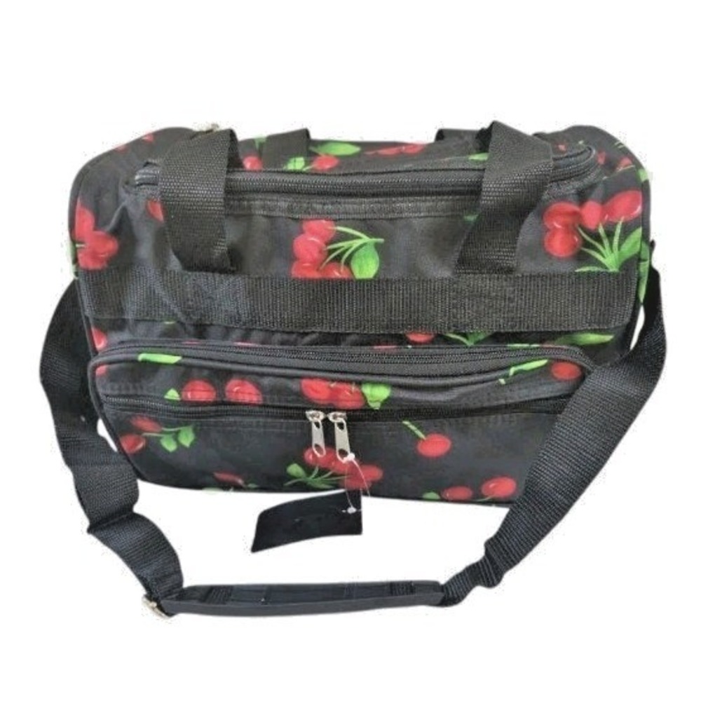 Black Cherry Print Multi-pocket Tote Travel Bag Weekender Crossbody Strap NWT